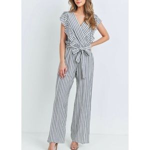 Womens Blue Stripped Ruffle Jumpsuit Tie waist